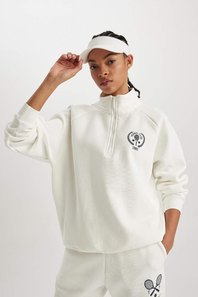 DeFactoFit Oversize Fit Dik Yaka Yarım Fermuarlı Sweatshirt