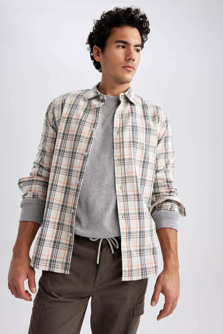 Regular Fit Polo Collar Flanel Plaid Long Sleeve Shirt