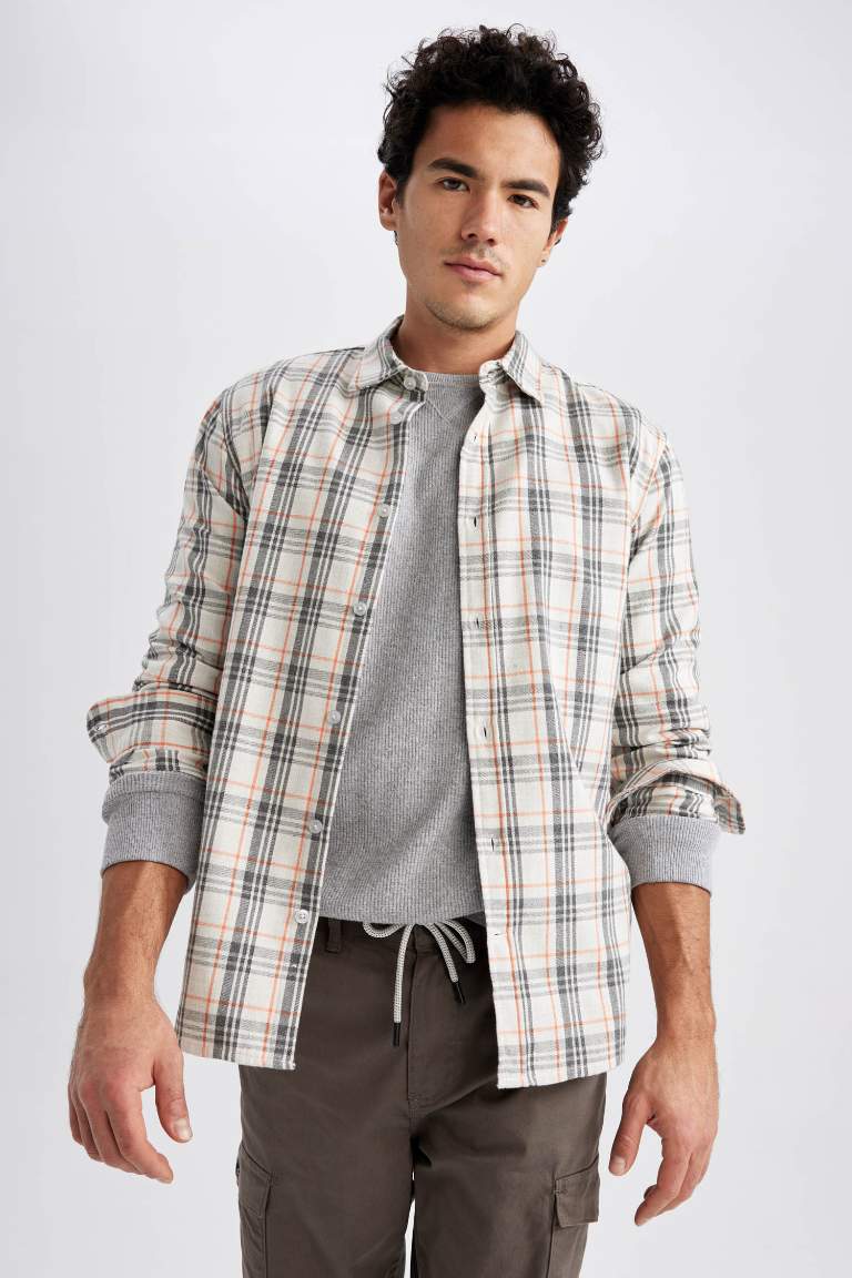 Regular Fit Polo Collar Flanel Plaid Long Sleeve Shirt