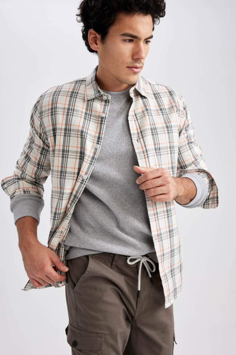Regular Fit Polo Collar Flanel Plaid Long Sleeve Shirt