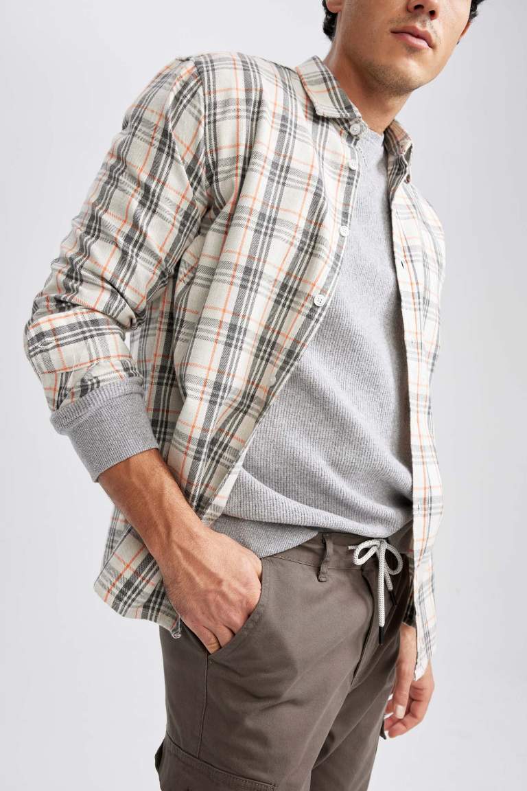 Regular Fit Polo Collar Flanel Plaid Long Sleeve Shirt