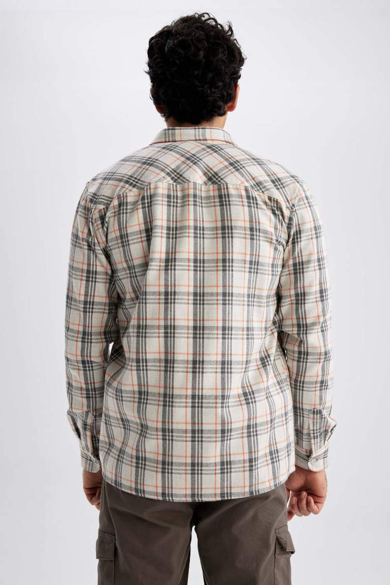 Regular Fit Polo Collar Flanel Plaid Long Sleeve Shirt