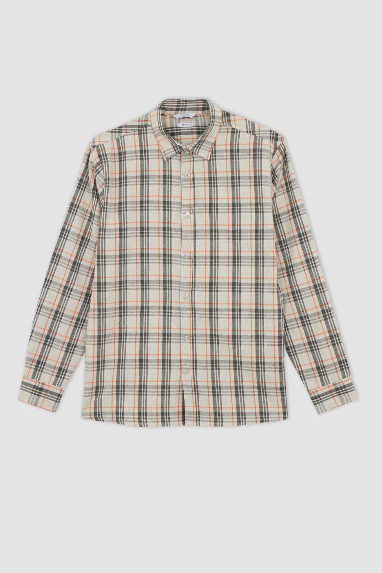 Regular Fit Polo Collar Flanel Plaid Long Sleeve Shirt