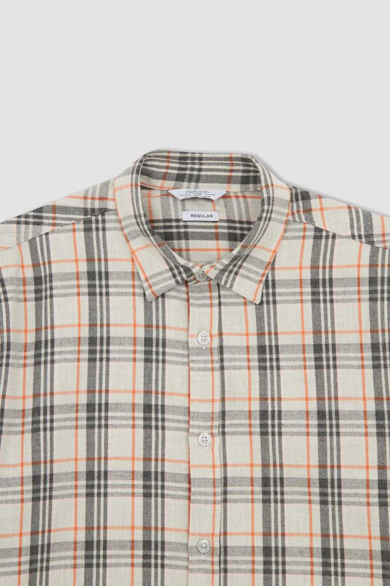 Regular Fit Polo Collar Flanel Plaid Long Sleeve Shirt