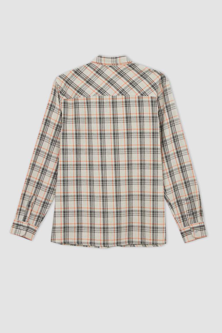 Regular Fit Polo Collar Flanel Plaid Long Sleeve Shirt