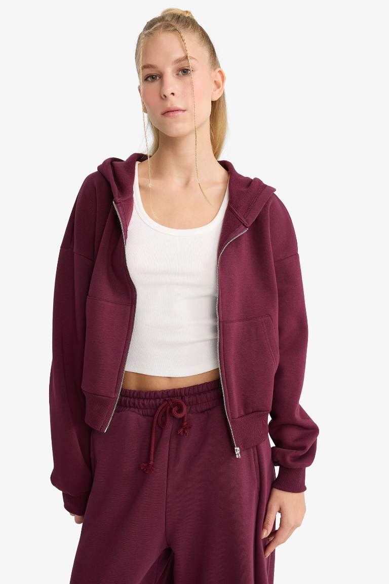 Cropped Fit Hooded Thick Zippered Sweatshirt