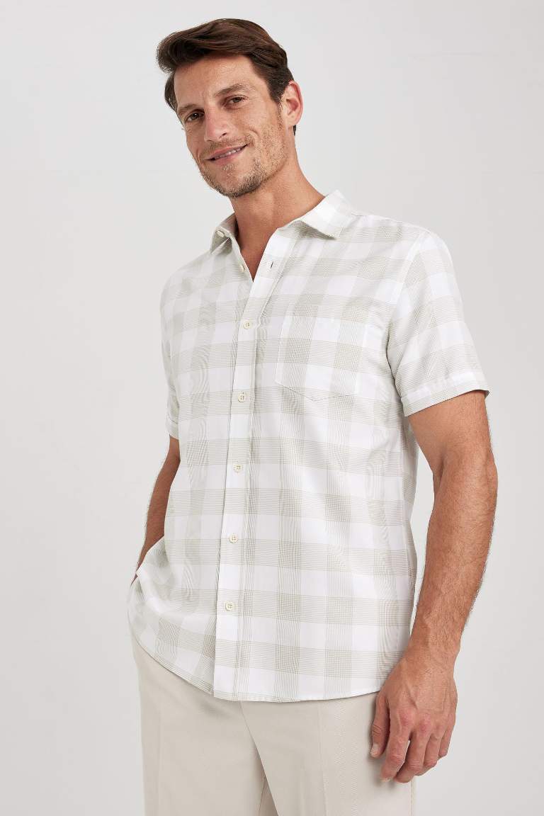 Regular Fit Shirt Collar Woven Plaid Short Sleeve Shirt