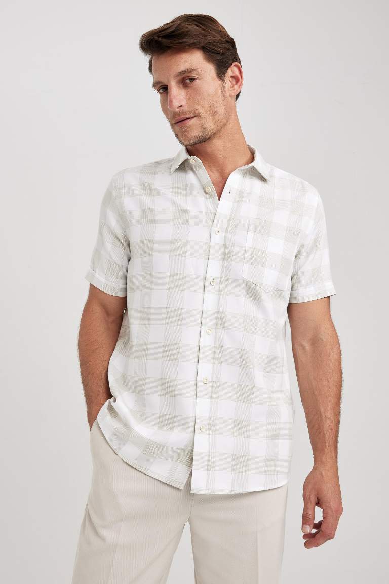 Regular Fit Shirt Collar Woven Plaid Short Sleeve Shirt