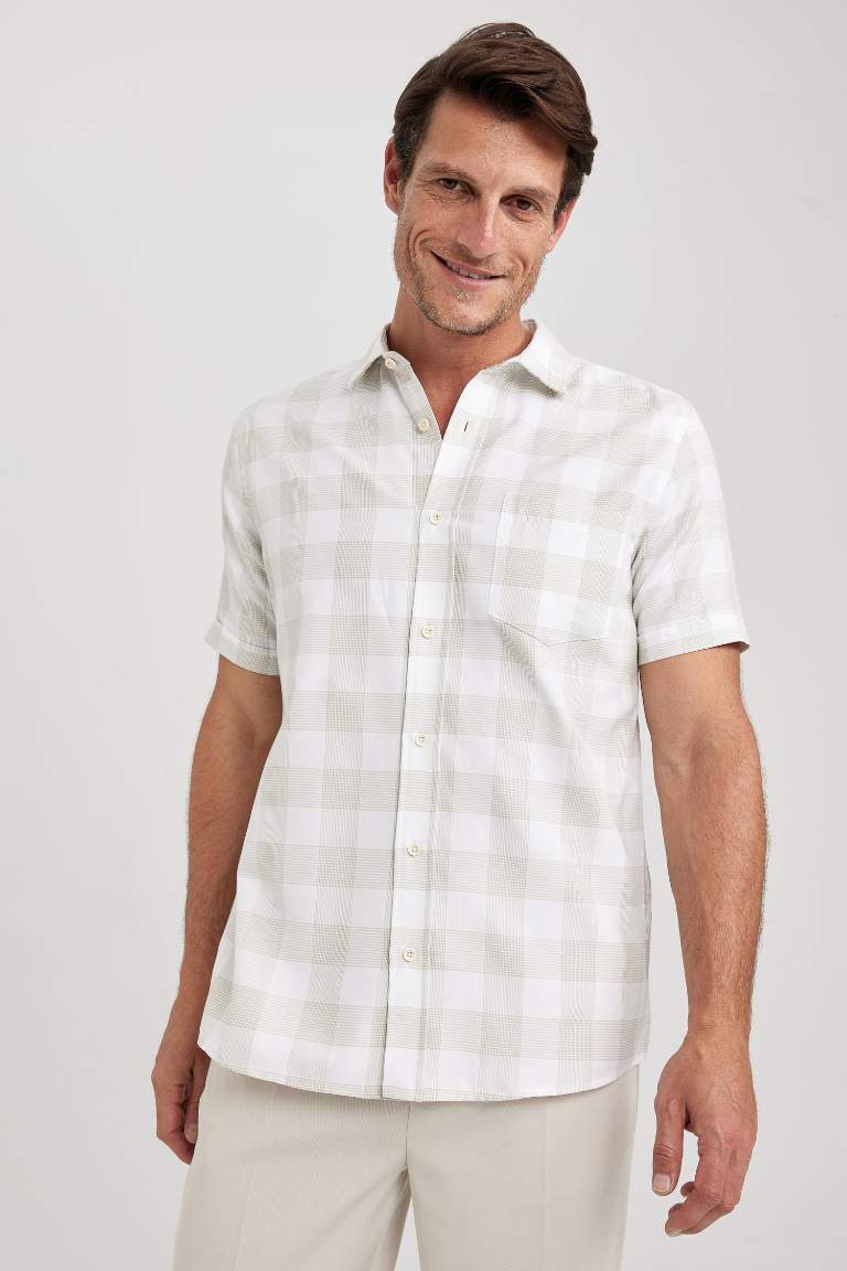 Regular Fit Shirt Collar Woven Plaid Short Sleeve Shirt