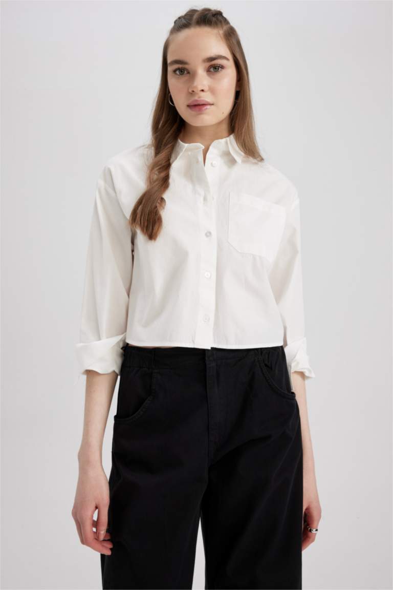 Coool Crop Top Shirt Collar Long Sleeve Shirt