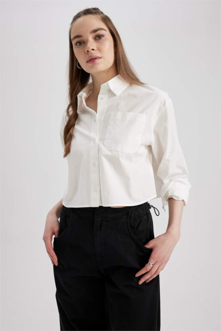 Coool Crop Top Shirt Collar Long Sleeve Shirt