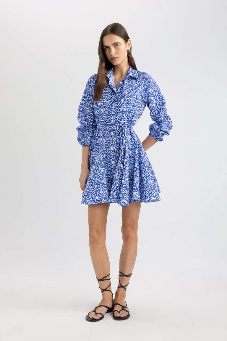 Shirt Collar Printed Terry Cotton Mini Dress