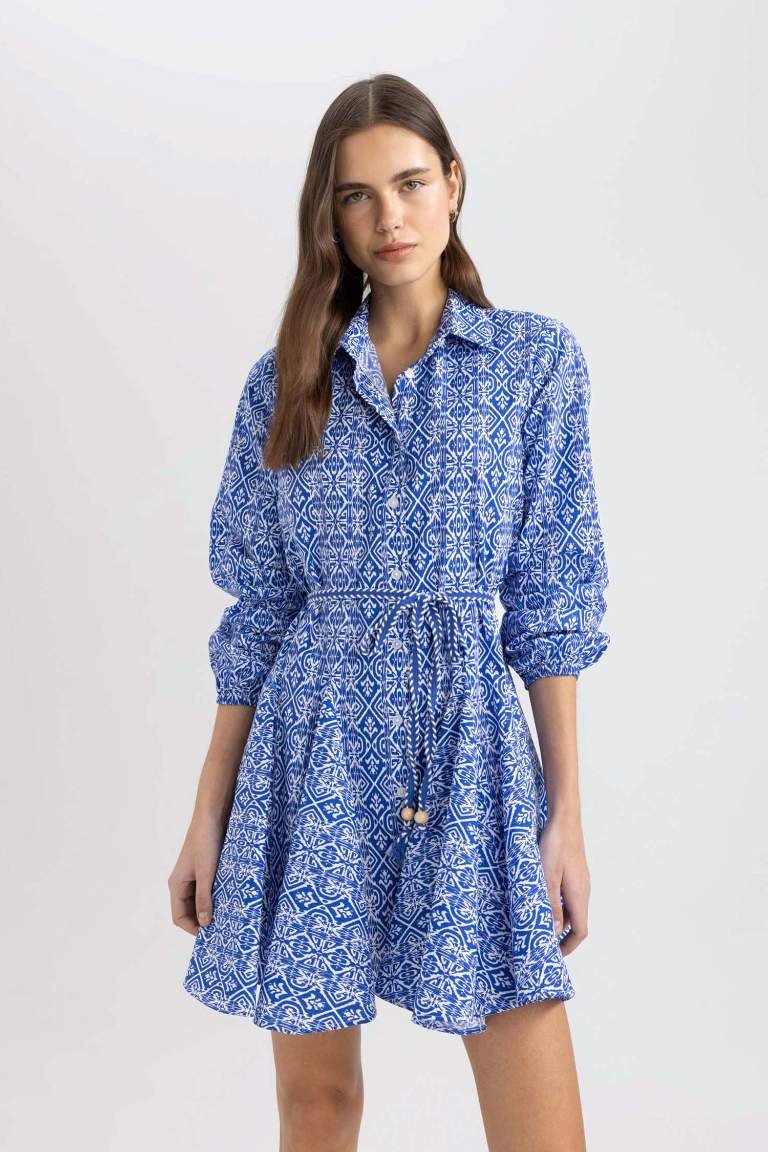 Shirt Collar Printed Terry Cotton Mini Dress