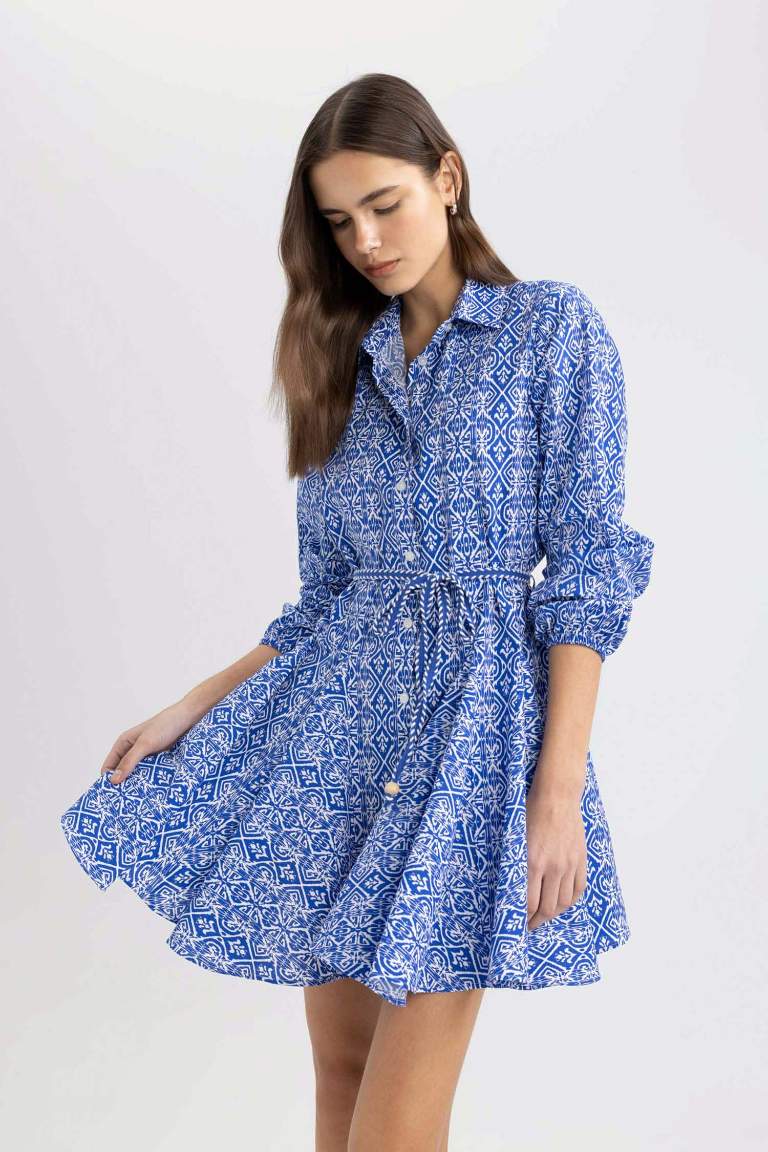 Shirt Collar Printed Terry Cotton Mini Dress