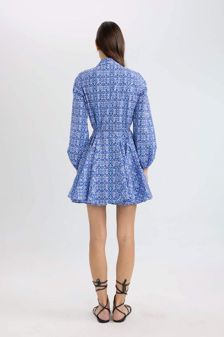 Shirt Collar Printed Terry Cotton Mini Dress