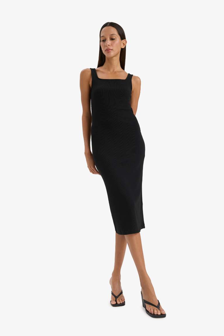 Bodycon Vücudu Saran Kare Yaka Basic Düz Fitilli Kaşkorse Askılı Midi Siyah Yazlık Elbise