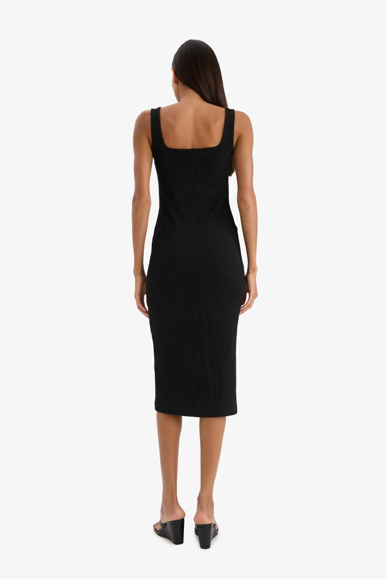 Bodycon Vücudu Saran Kare Yaka Basic Düz Fitilli Kaşkorse Askılı Midi Siyah Yazlık Elbise