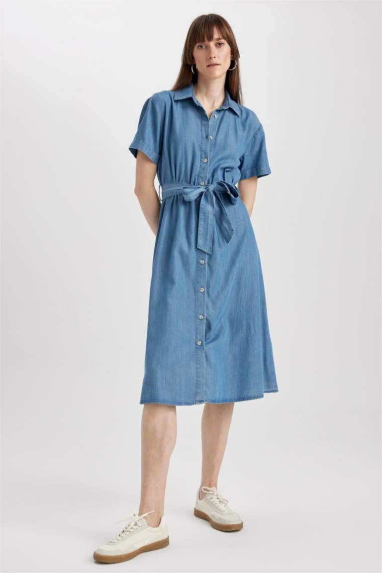 Blue WOMAN Shirt Collar Belted Midi Jean Dress 2786628 DeFacto