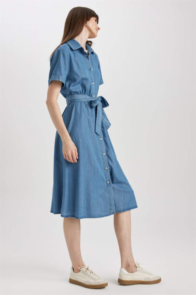 Blue WOMAN Shirt Collar Belted Midi Jean Dress 2786628 DeFacto