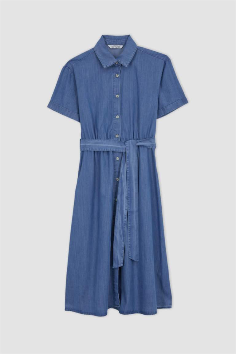 Blue WOMAN Shirt Collar Belted Midi Jean Dress 2786628 DeFacto