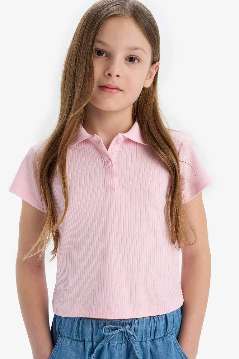 Girl Slim Fit Basic Ribbed Short Sleeve Polo T-Shirt