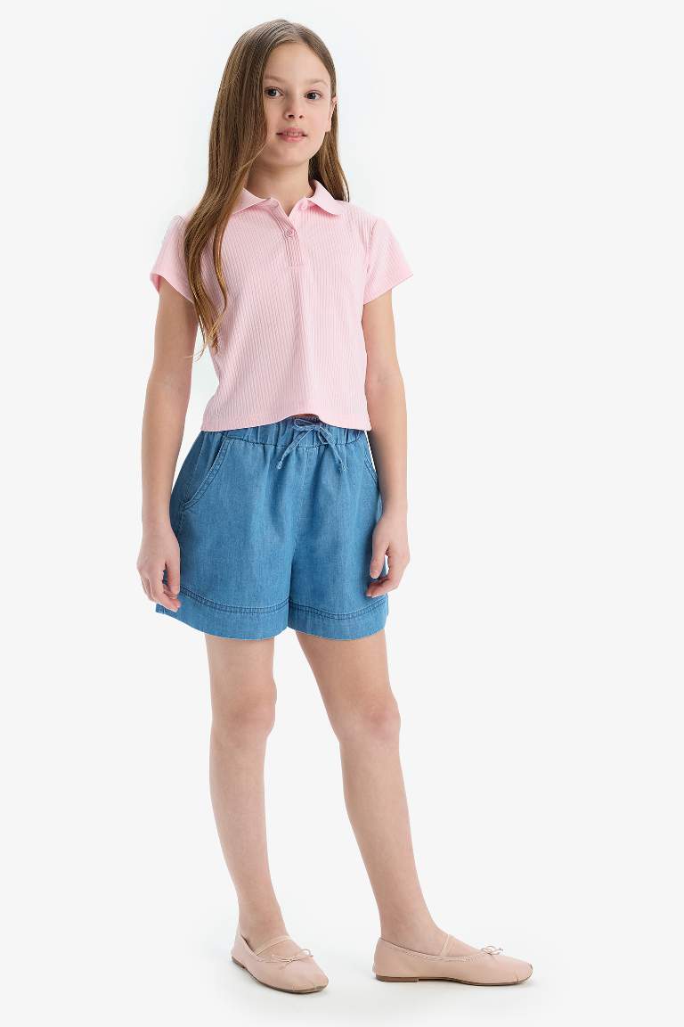 Girl Slim Fit Basic Ribbed Short Sleeve Polo T-Shirt