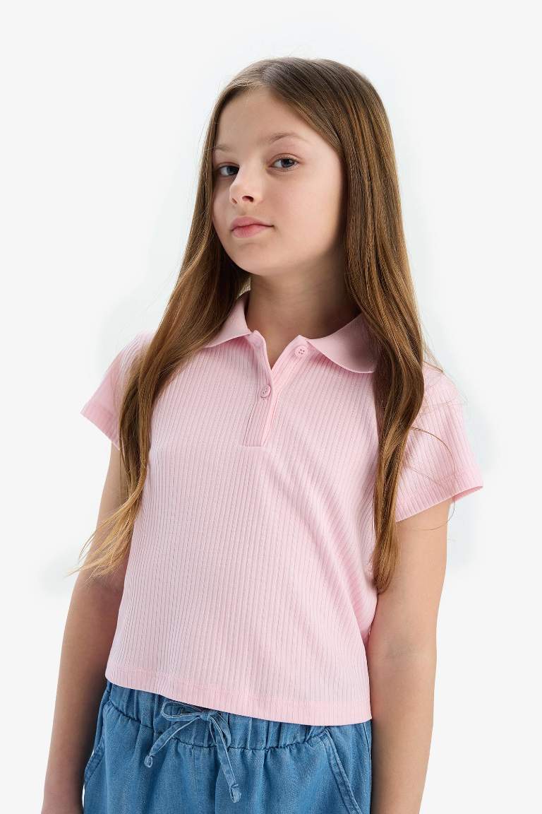 Girl Slim Fit Basic Ribbed Short Sleeve Polo T-Shirt