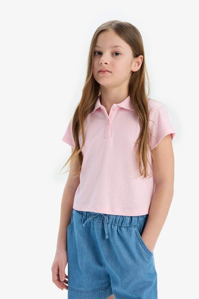 Girl Slim Fit Basic Ribbed Short Sleeve Polo T-Shirt