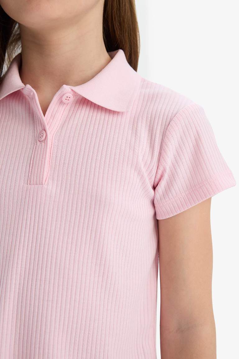 Girl Slim Fit Basic Ribbed Short Sleeve Polo T-Shirt