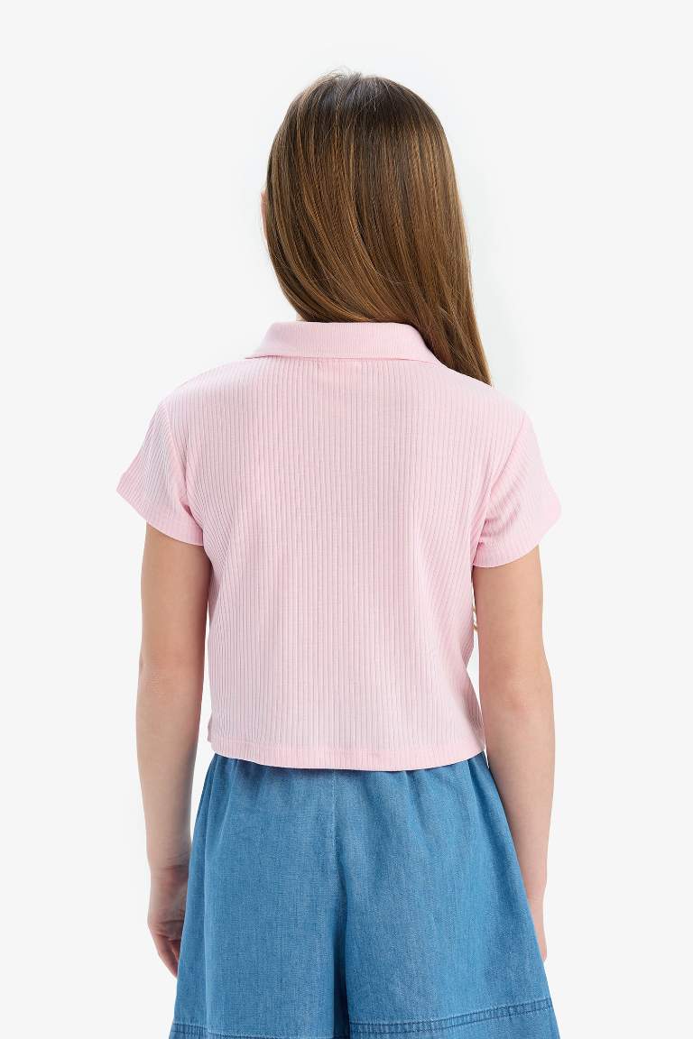 Girl Slim Fit Basic Ribbed Short Sleeve Polo T-Shirt