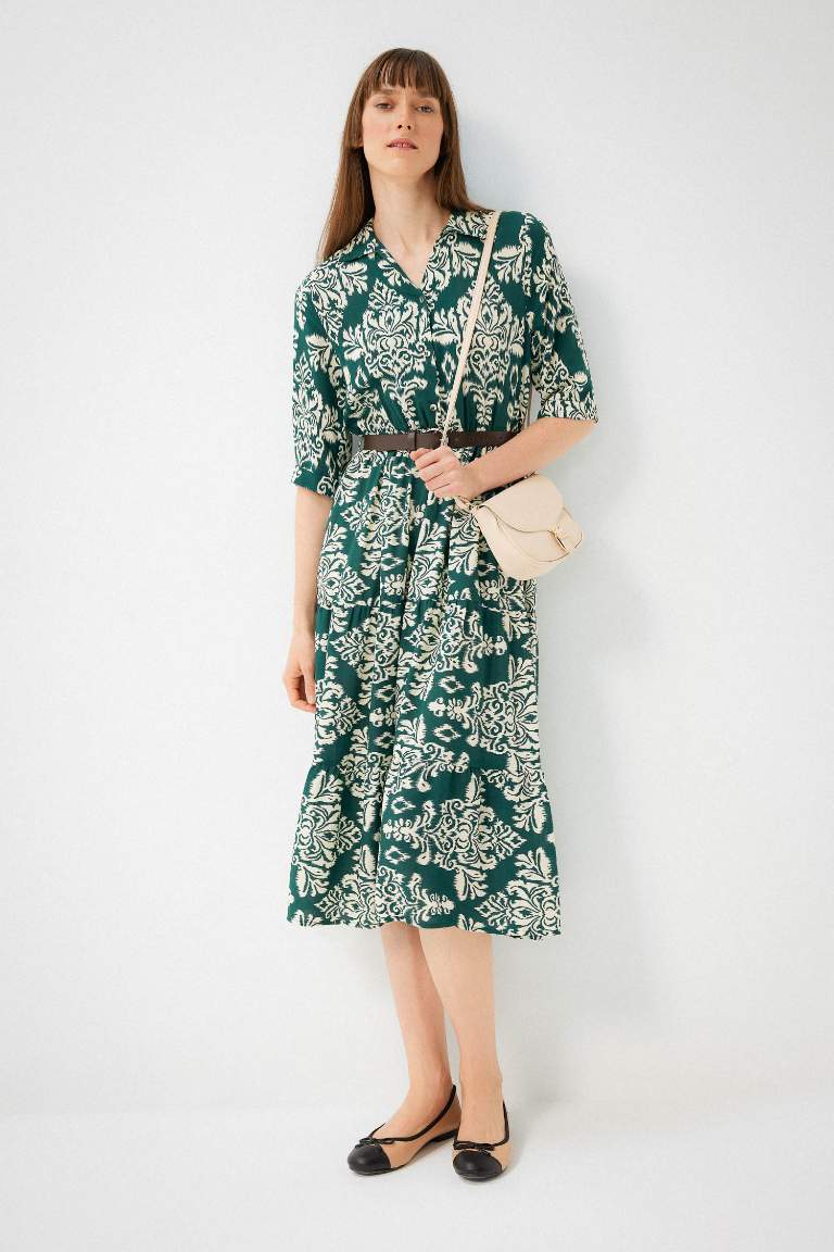 Shirt Collar Belted Patterned Half Sleeve Midi Dress