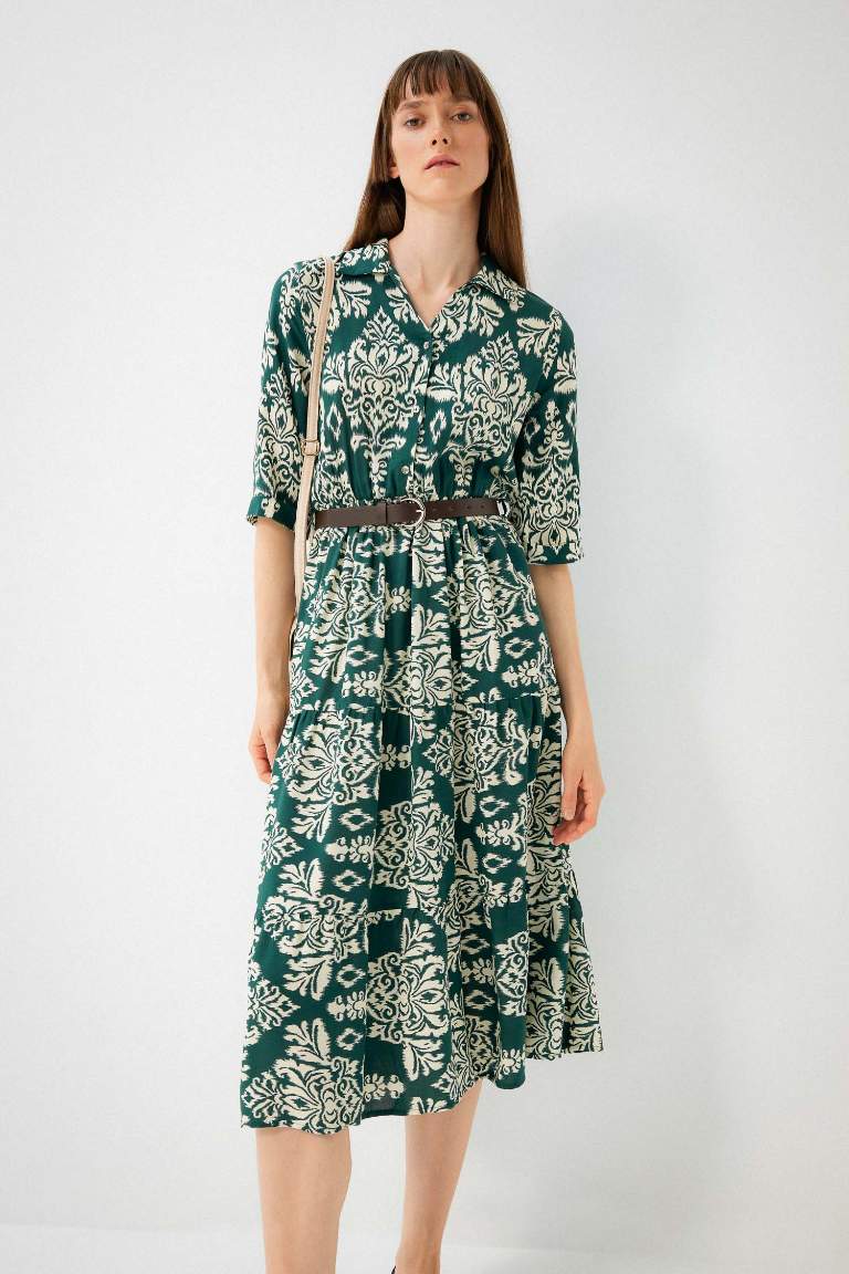 Shirt Collar Belted Patterned Half Sleeve Midi Dress