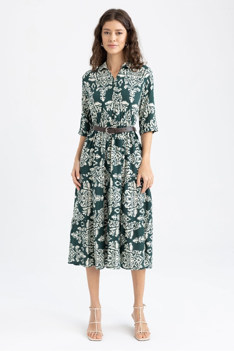 Shirt Collar Belted Patterned Half Sleeve Midi Dress