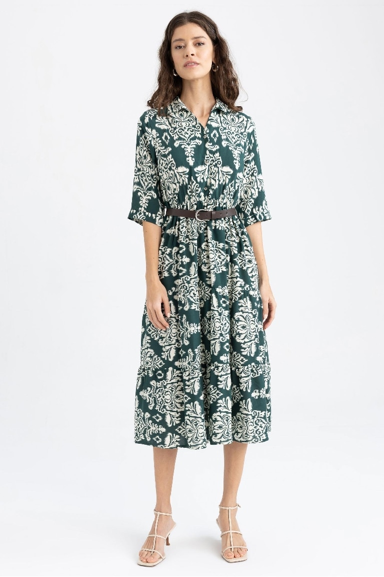 Shirt Collar Belted Patterned Half Sleeve Midi Dress