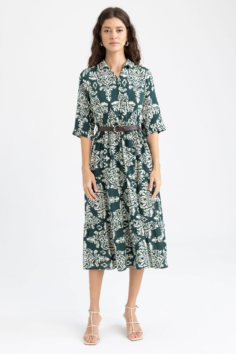 Shirt Collar Belted Patterned Half Sleeve Midi Dress