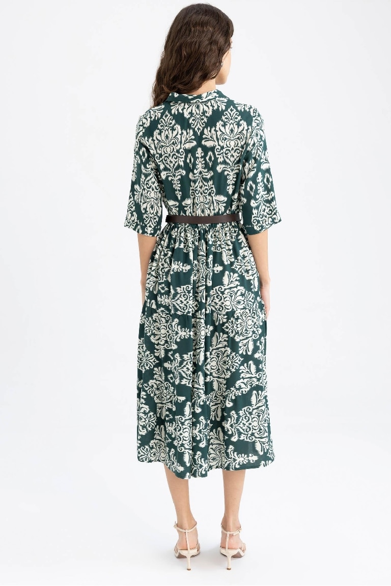 Shirt Collar Belted Patterned Half Sleeve Midi Dress