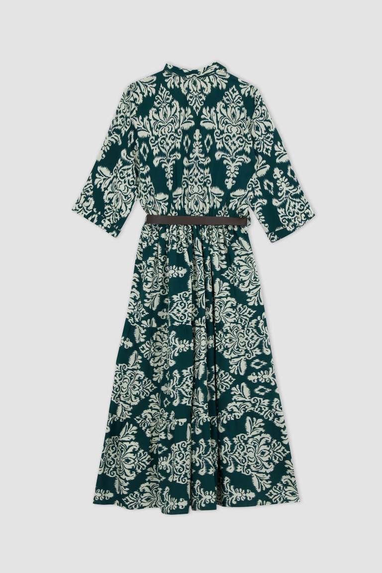 Shirt Collar Belted Patterned Half Sleeve Midi Dress