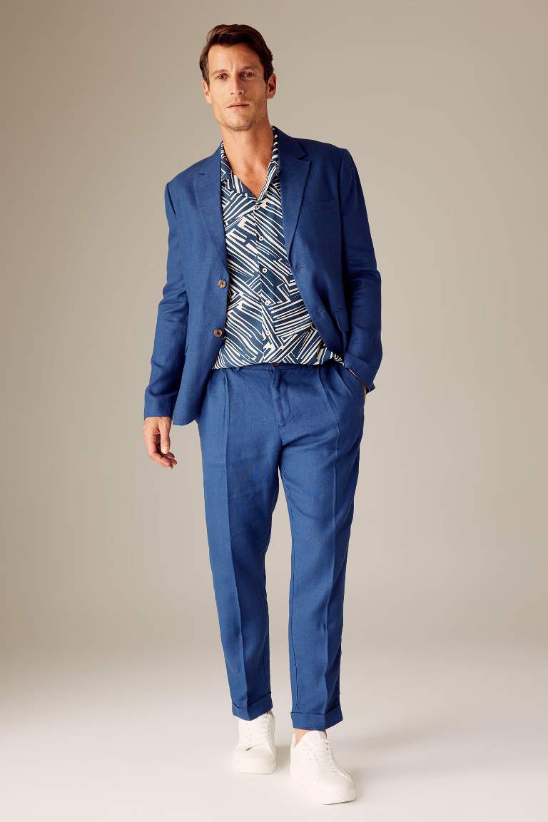 %100 Keten Duble Paça Crop Pantolon