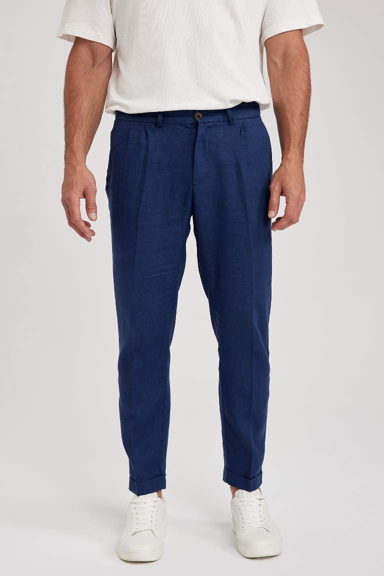 %100 Keten Duble Paça Crop Pantolon