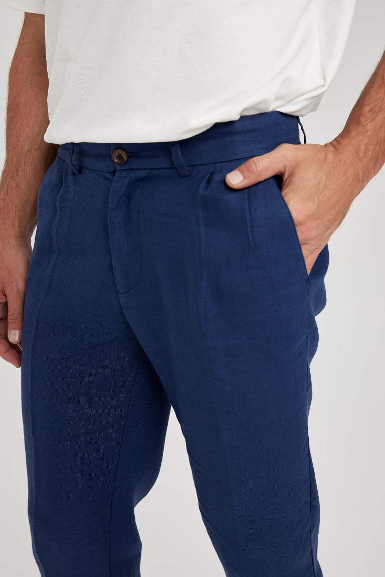 %100 Keten Duble Paça Crop Pantolon