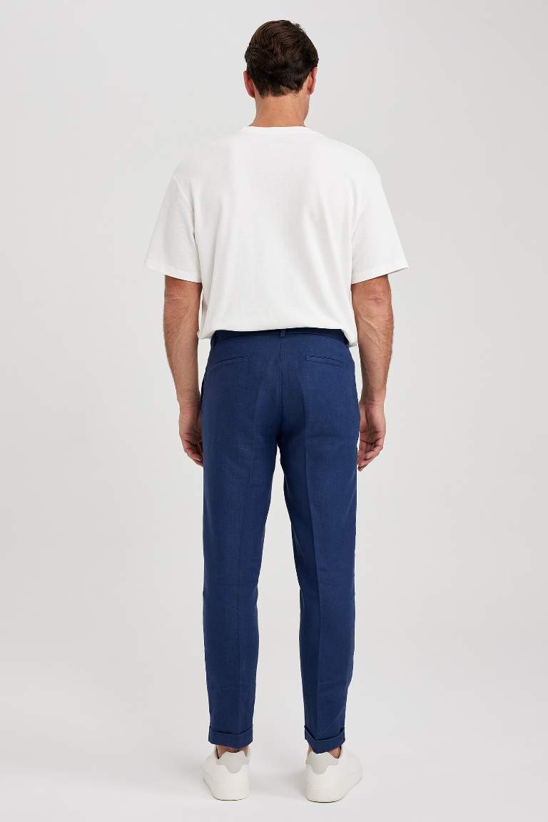 %100 Keten Duble Paça Crop Pantolon