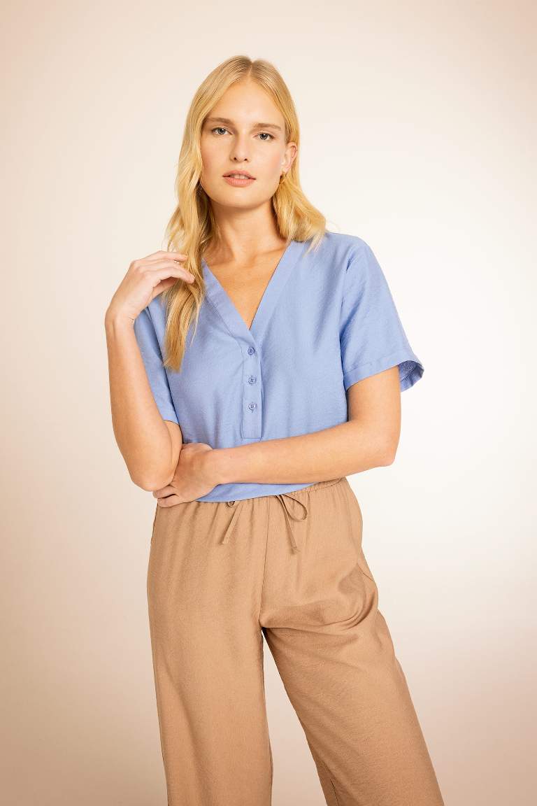 Traditional V Neck Loose Fit Short Sleeve Blouse