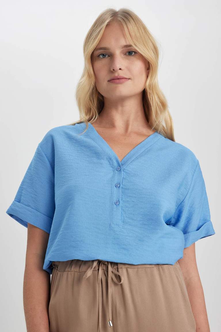 Traditional V Neck Loose Fit Short Sleeve Blouse