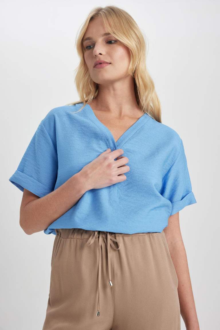 Traditional V Neck Loose Fit Short Sleeve Blouse