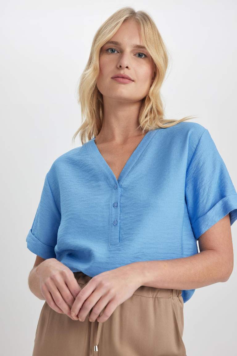 Traditional V Neck Loose Fit Short Sleeve Blouse