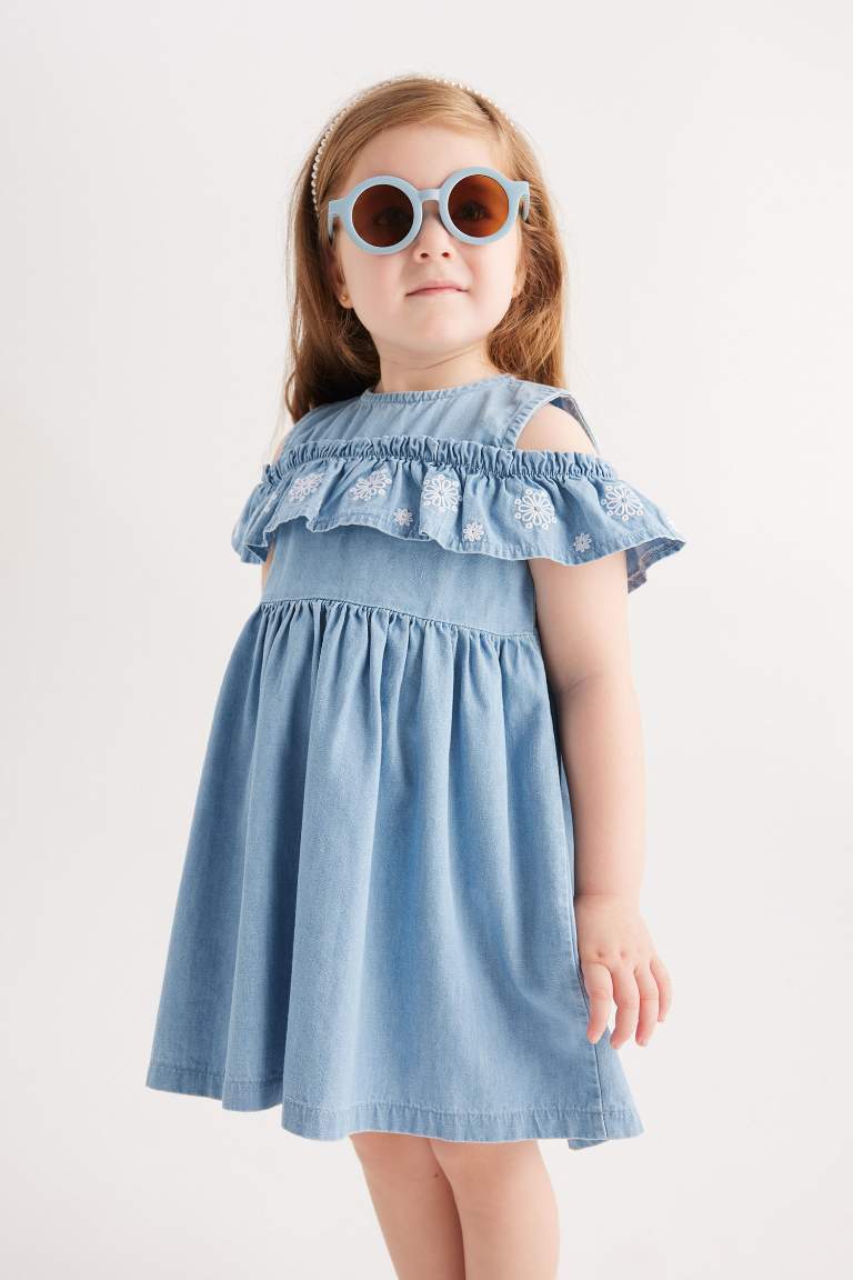 Kız Bebek Çiçekli Kolsuz Jean Elbise