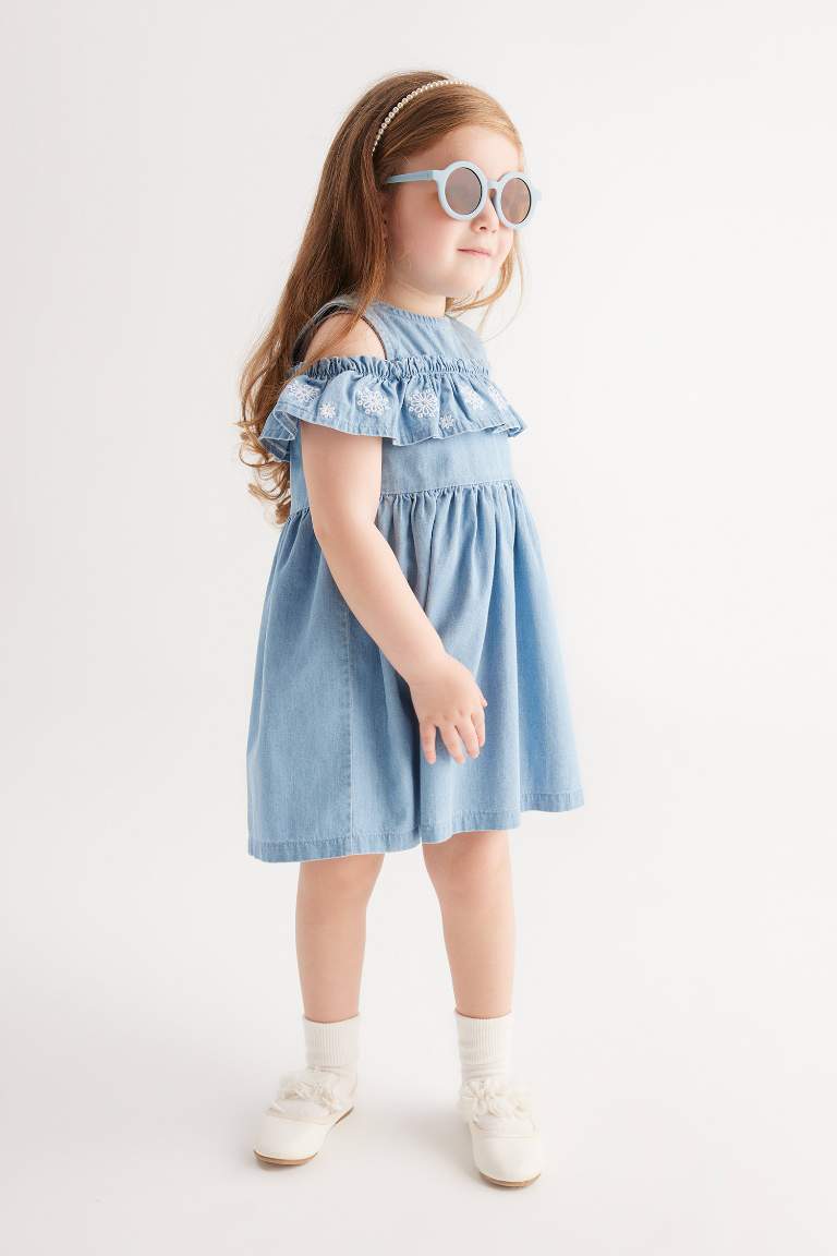 Kız Bebek Çiçekli Kolsuz Jean Elbise
