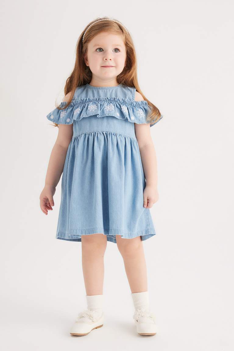 Kız Bebek Çiçekli Kolsuz Jean Elbise
