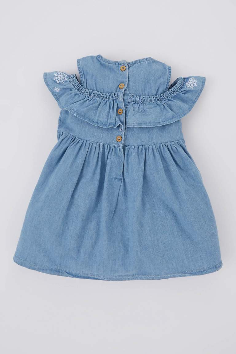 Kız Bebek Çiçekli Kolsuz Jean Elbise
