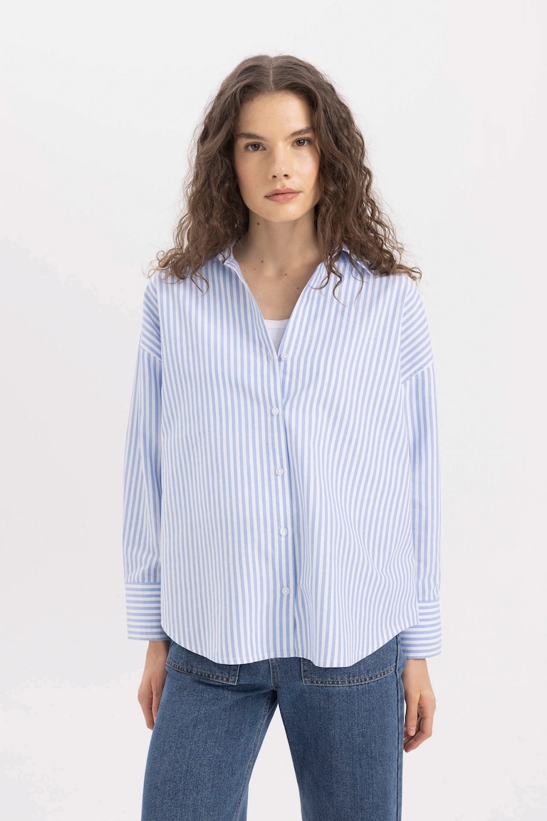 Chemisier Femme OL Style ébouriffé – Col Bande Boutonnière, Manches Longues – Blanc, Neuf